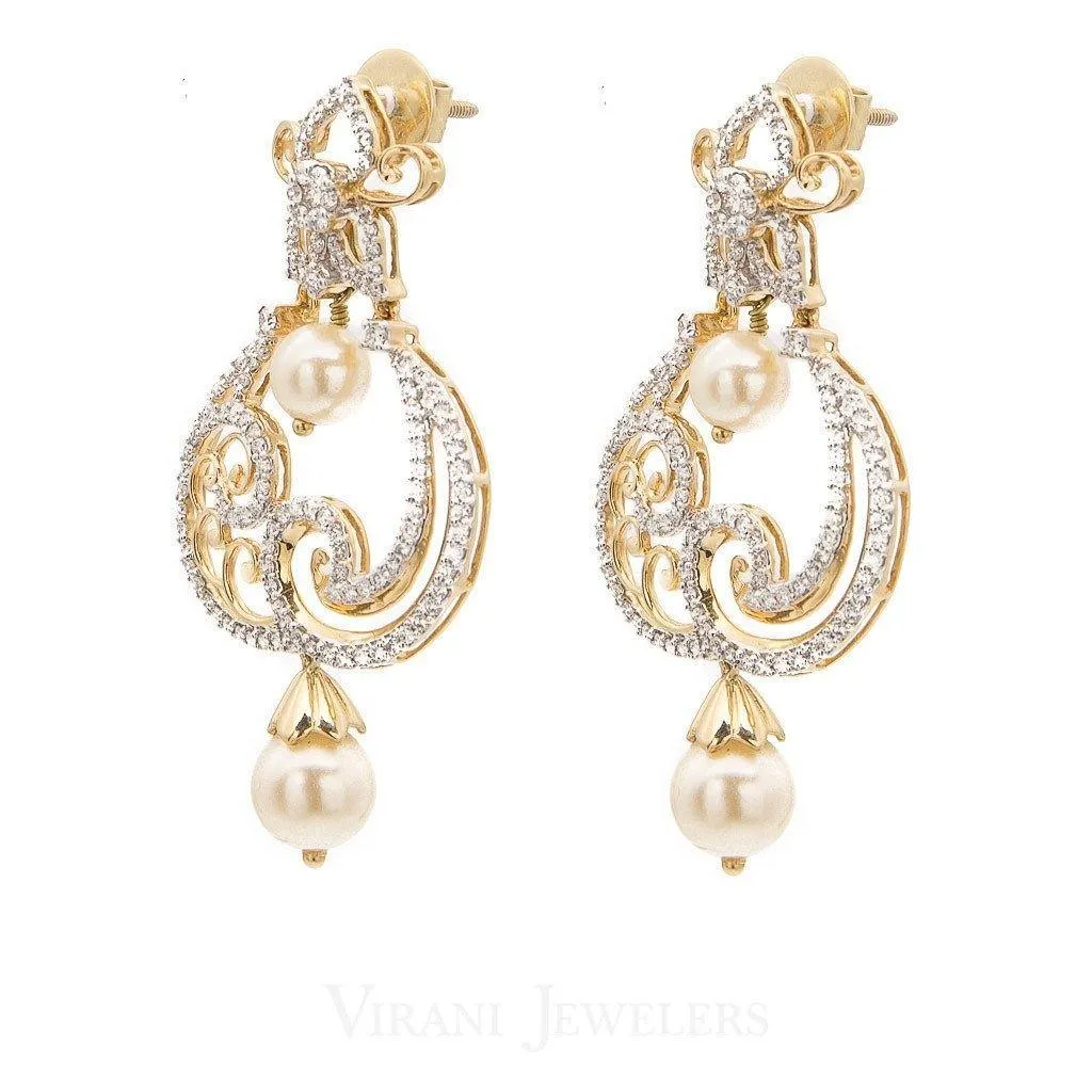 1.49CT Diamond Filigree Drop Earrings Set In 18K White Gold W/Centered Drop Pearls