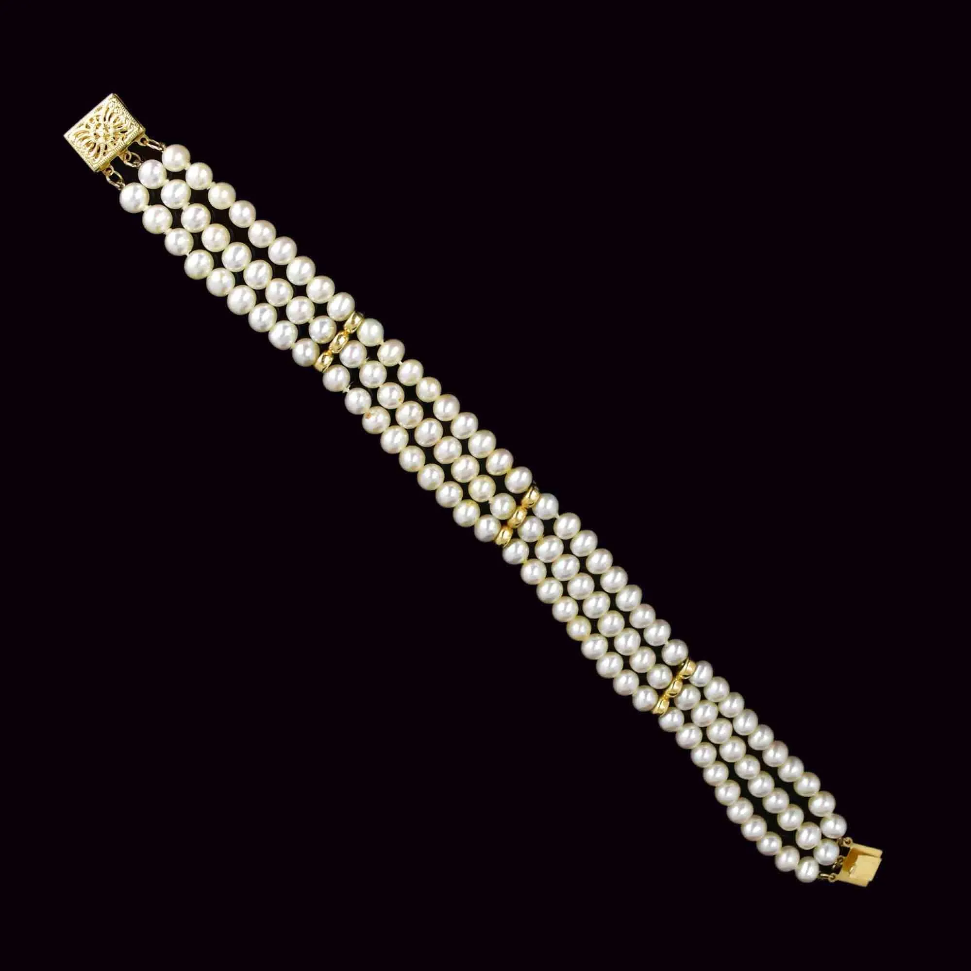 14K Gold Three Row Cultured Pearl Bracelet