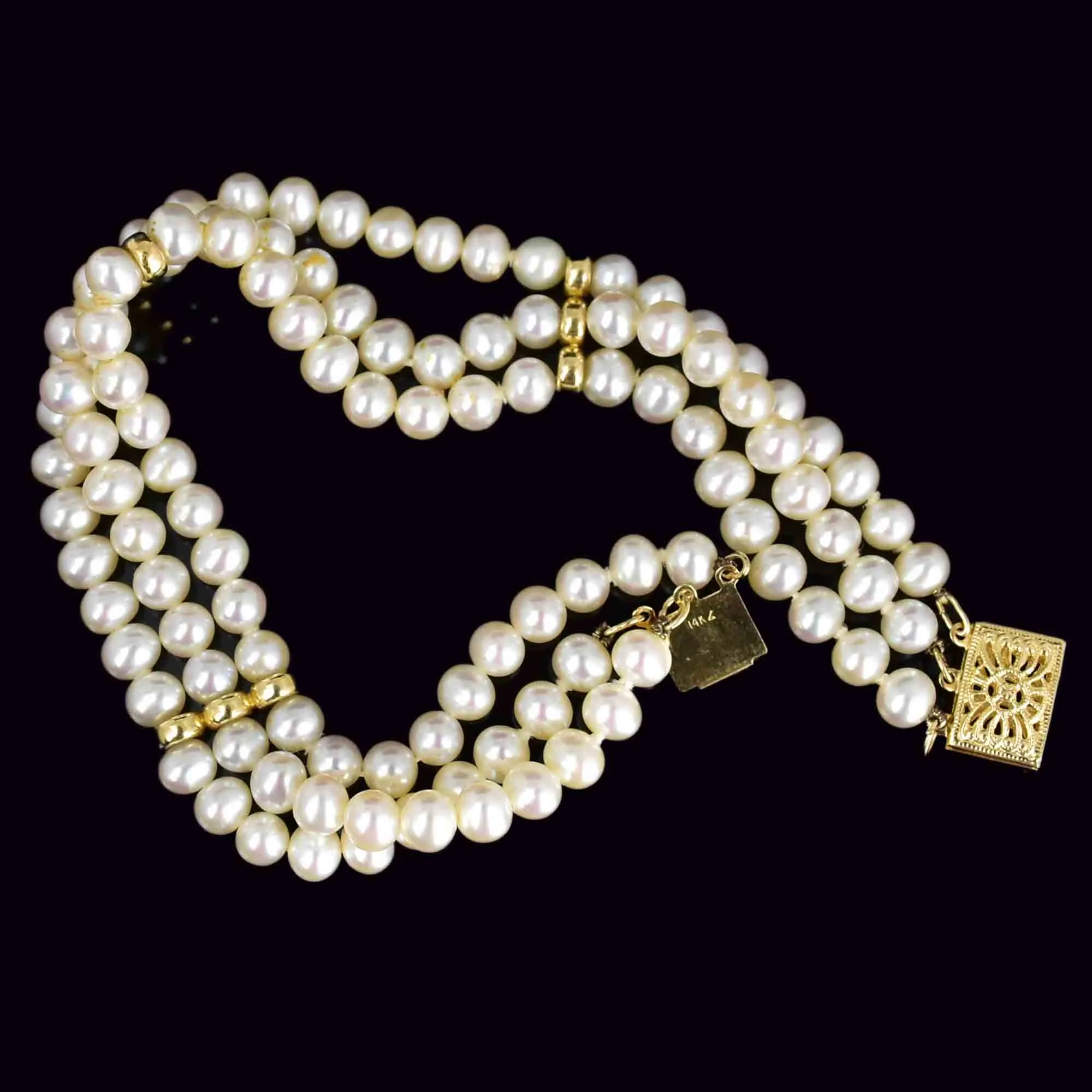 14K Gold Three Row Cultured Pearl Bracelet