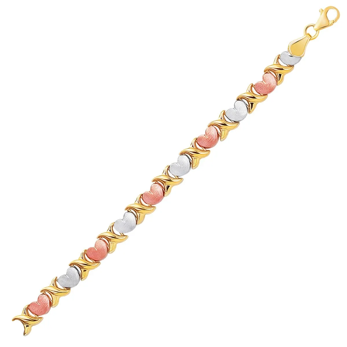 14k Tri-Color Gold Fancy Satin Heart Line Bracelet