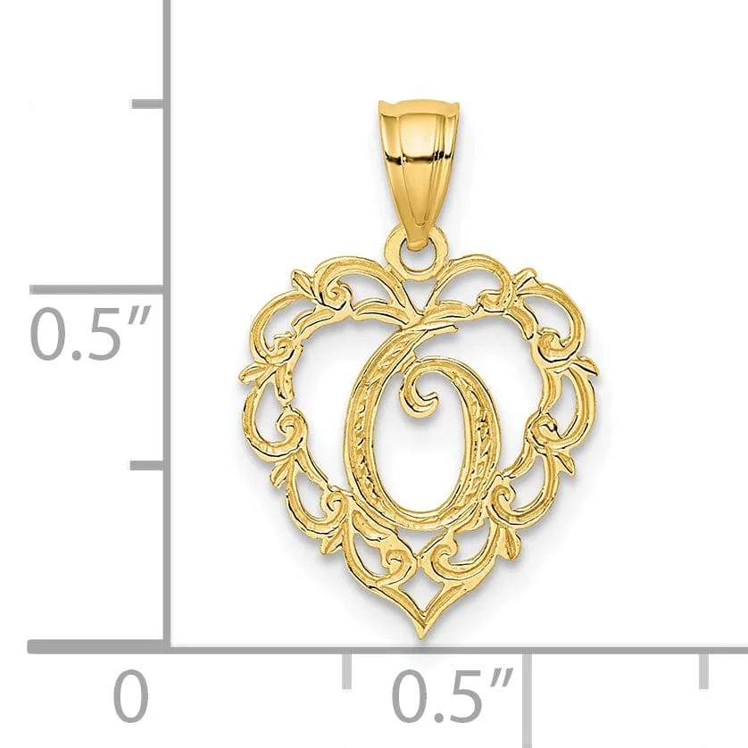 14K Yellow Gold Heart Shape Fancy Script Letter O Initial Charm Pendant