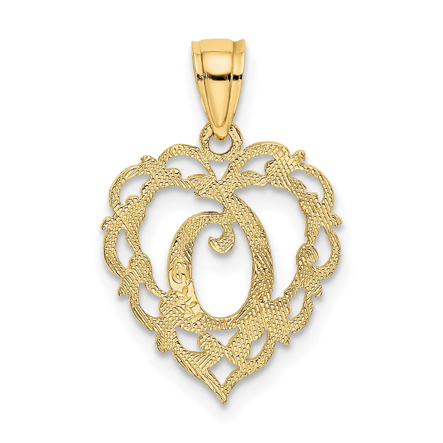 14K Yellow Gold Heart Shape Fancy Script Letter O Initial Charm Pendant