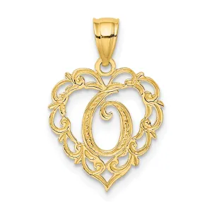 14K Yellow Gold Heart Shape Fancy Script Letter O Initial Charm Pendant