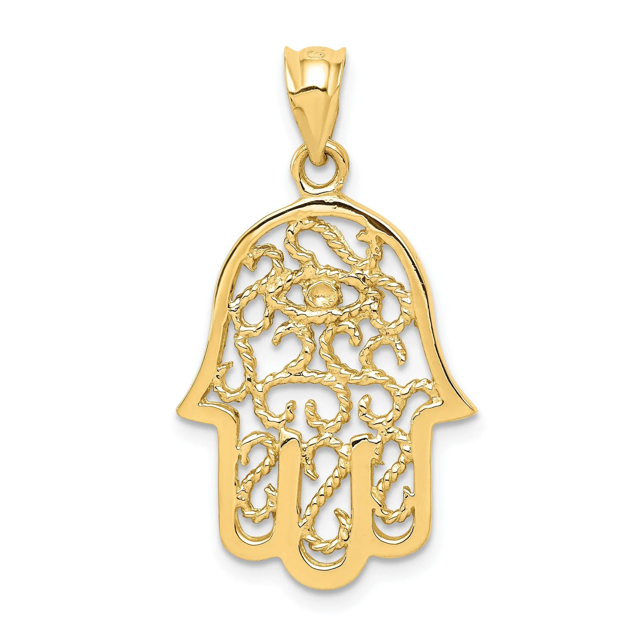 14k Yellow Gold Polish Texture Finish Solid 3-D Filigree Hamsa Pendant