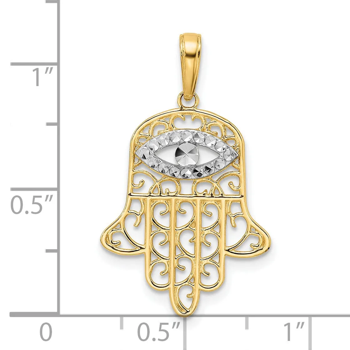 14k Yellow Gold Polished D.C Finish Filligree Hamsa Evil Eye Pendant