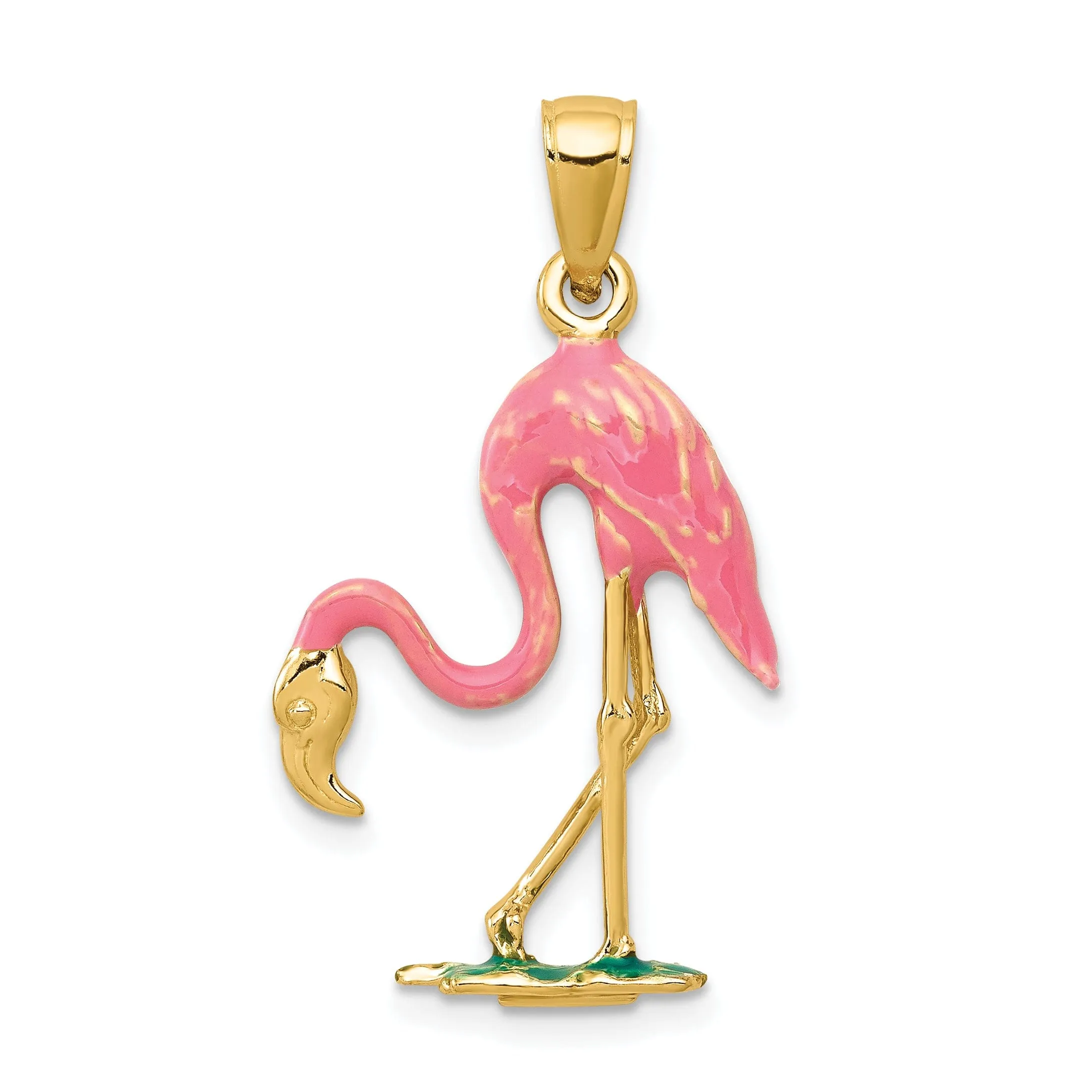 14k Yellow Gold Solid Polished with Pink, Green Enameled Finish 3-Dimensional Flamingo Charm Pendant