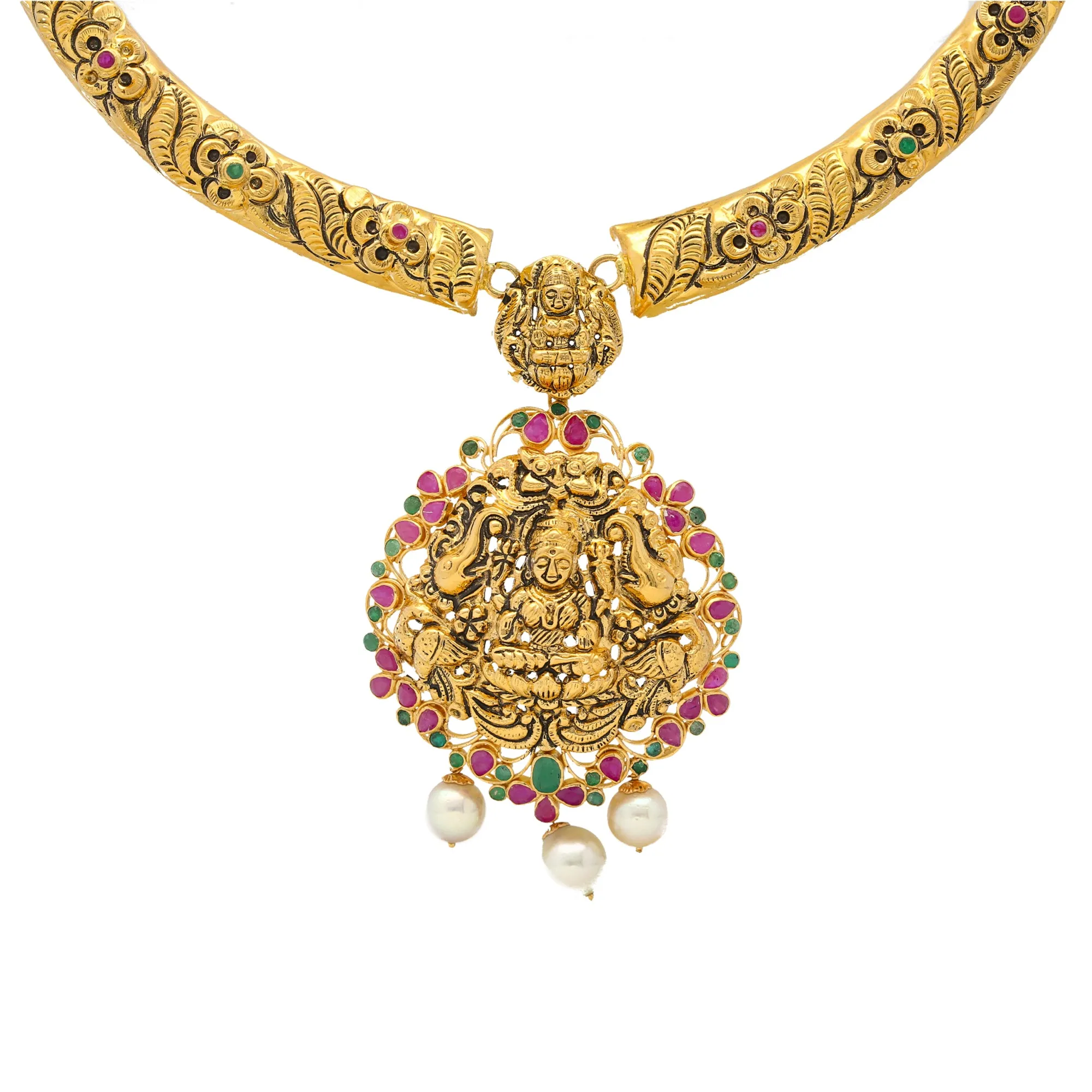 22K Gold & Gemstone Laxmi Necklace Set (63.3gm)