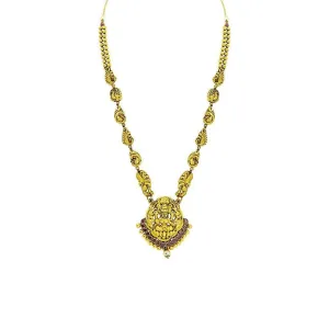 22K Yellow Gold Antique Temple Necklace W/ Rubies, Pearl & Paisley Carved Accent Chain