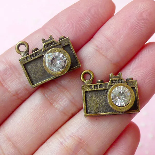 3D Camera Charms w/ Clear Rhinestones (2pcs) (17mm x 15mm / Antique Bronze) Pendant Bracelet Earrings Zipper Pulls Bookmarks Keychain CHM163