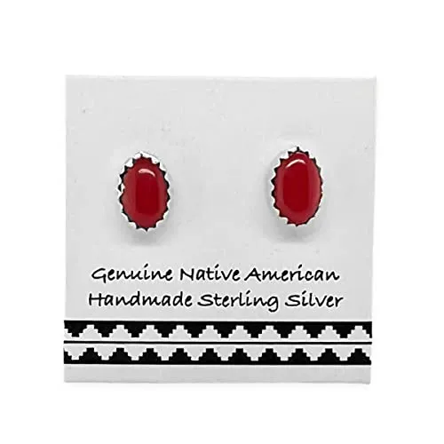 6mm Genuine Coral Stud Earrings, 925 Sterling Silver, Authentic Native American Handmade in New Mexico, Oval, Red