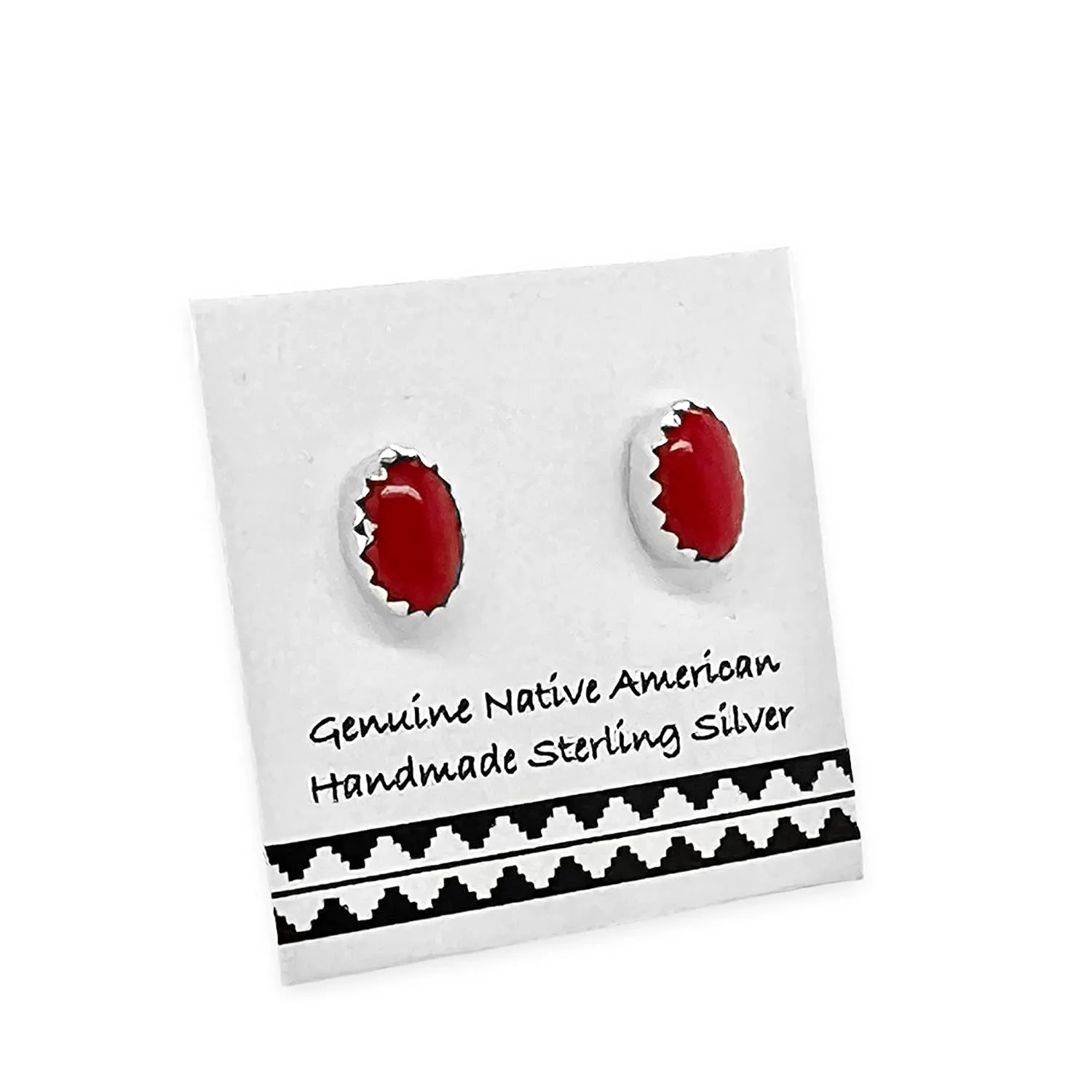 6mm Genuine Coral Stud Earrings, 925 Sterling Silver, Authentic Native American Handmade in New Mexico, Oval, Red