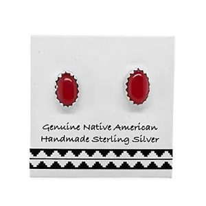 6mm Genuine Coral Stud Earrings, 925 Sterling Silver, Authentic Native American Handmade in New Mexico, Oval, Red