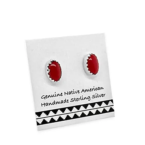 6mm Genuine Coral Stud Earrings, 925 Sterling Silver, Authentic Native American Handmade in New Mexico, Oval, Red