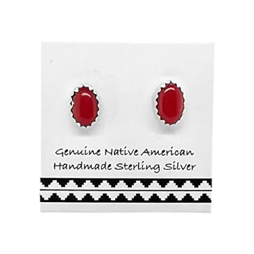 6mm Genuine Coral Stud Earrings, 925 Sterling Silver, Authentic Native American Handmade in New Mexico, Oval, Red