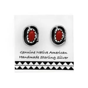 7mm Genuine Red Coral Stud Earrings in 925 Sterling Silver, Oval Style, Native American USA Handmade, Nickel Free