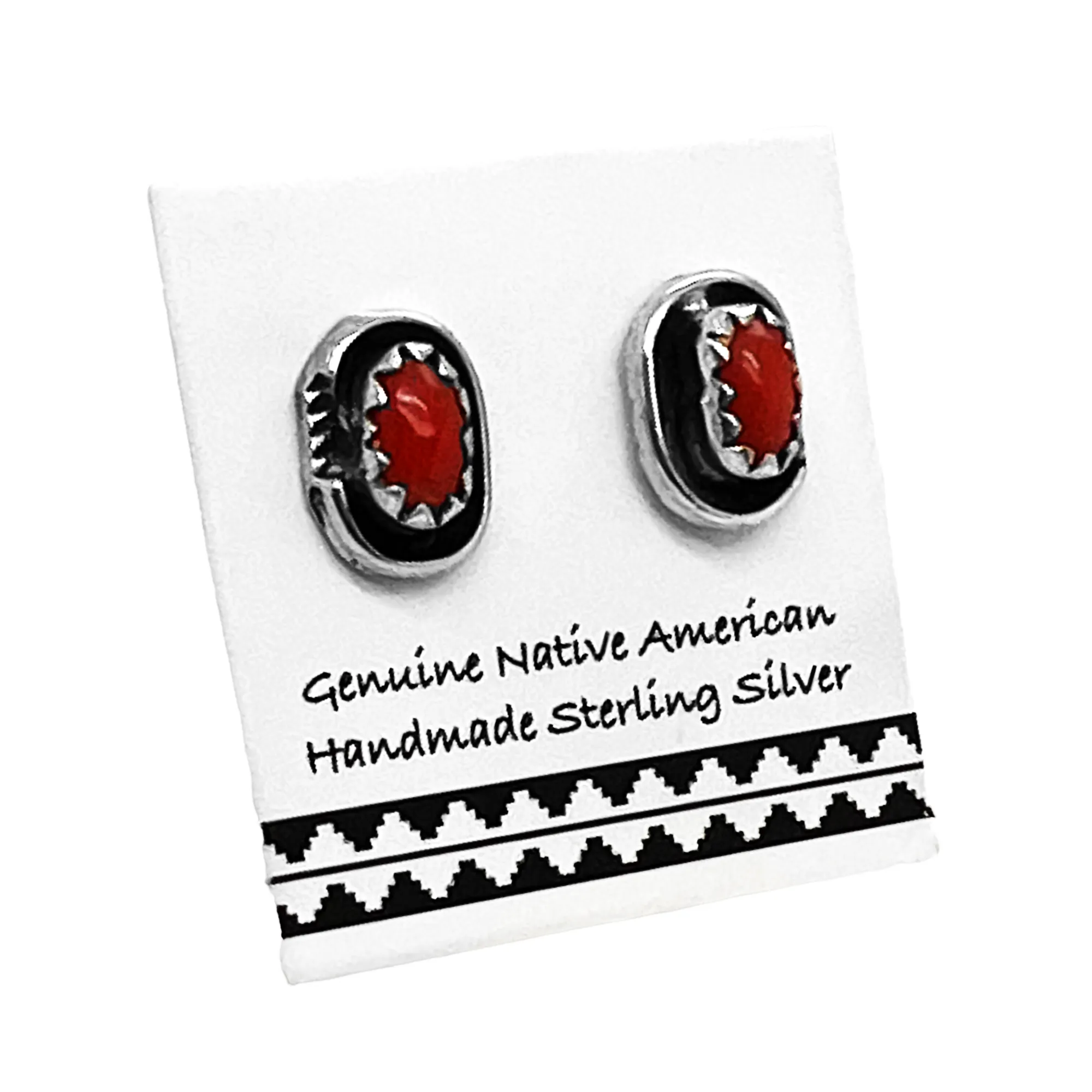 7mm Genuine Red Coral Stud Earrings in 925 Sterling Silver, Oval Style, Native American USA Handmade, Nickel Free