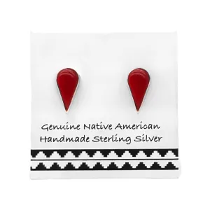 7mm Genuine Red Coral Teardrop Earrings, 925 Sterling Silver, Native American USA Handmade, Nickel Free