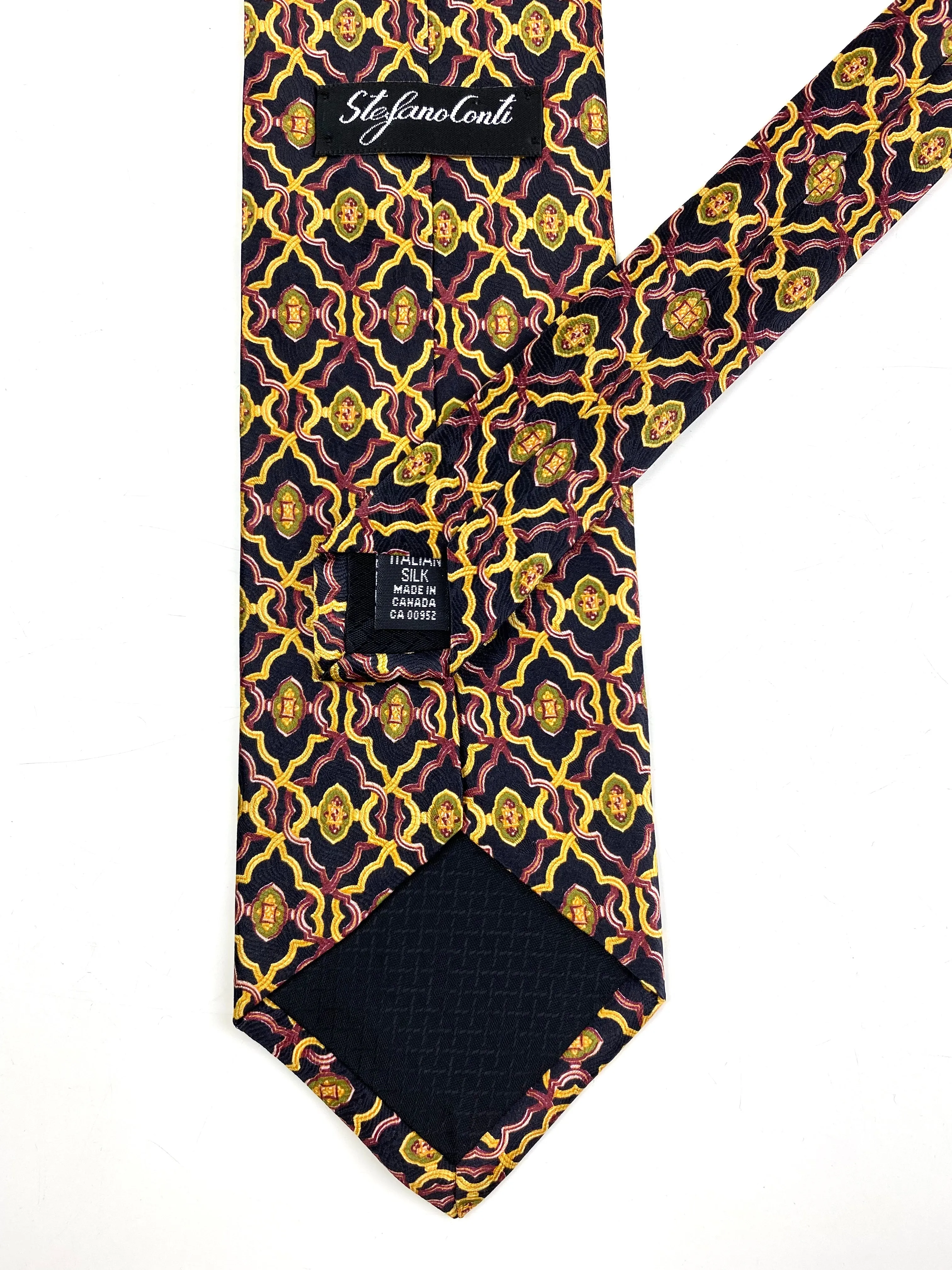 90s Deadstock Silk Necktie, Men's Vintage Maroon/Gold Geometric Art Deco Pattern Tie, NOS