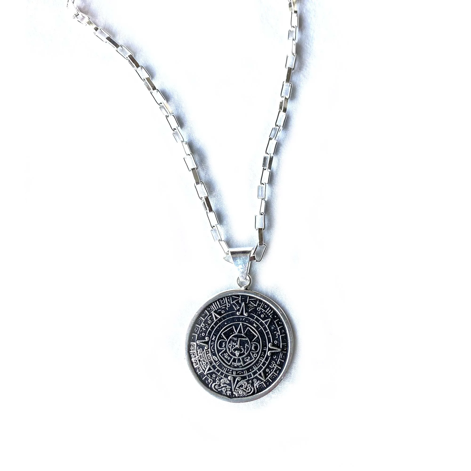 Alpaca Silver Aztec Calendar Pendant with Chain