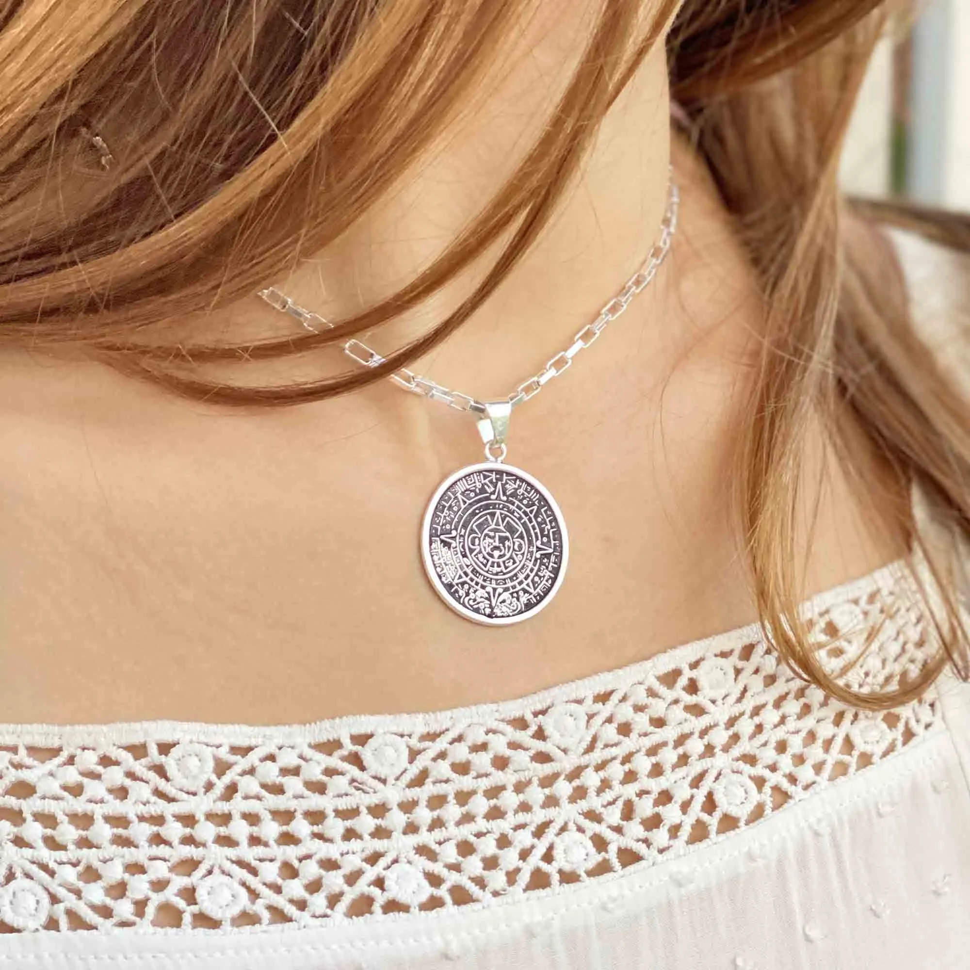 Alpaca Silver Aztec Calendar Pendant with Chain