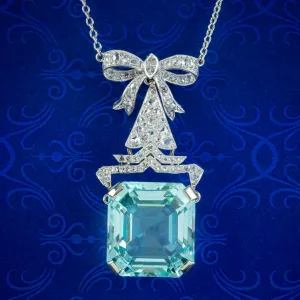 Antique Art Deco Aquamarine Diamond Lavaliere Necklace 30ct Aqua