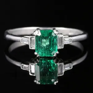 Antique Art Deco Emerald Diamond Ring Platinum Circa 1920