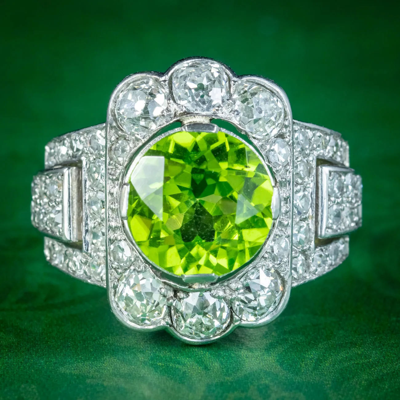 Antique Art Deco French Peridot Diamond Ring 4ct Peridot With Cert