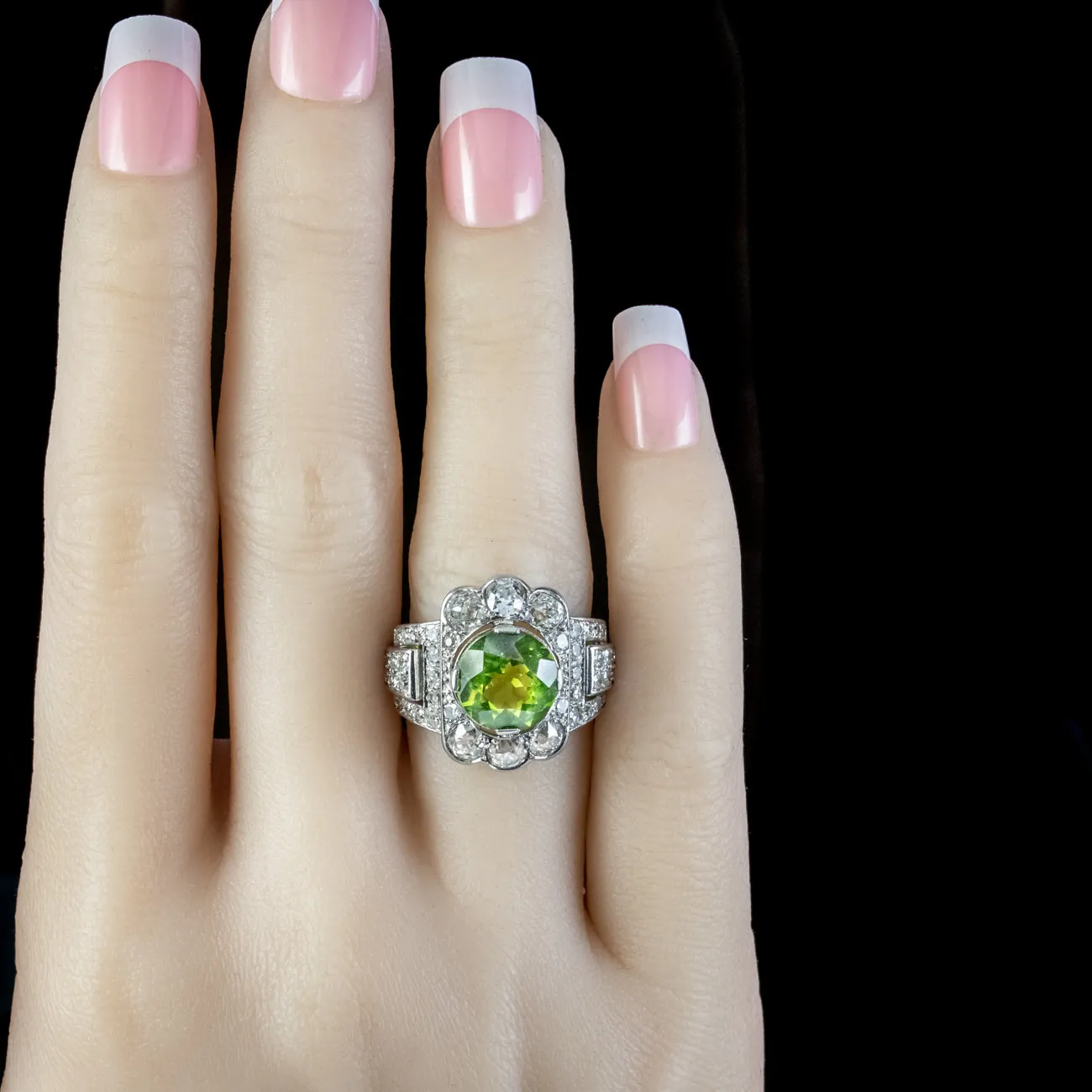 Antique Art Deco French Peridot Diamond Ring 4ct Peridot With Cert