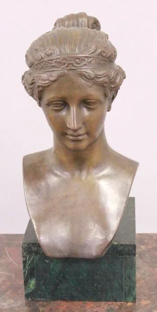 Antique Bronze Bust, Style of a Girl, 16 Ins., Green Mount, Classical, Home Decor!!