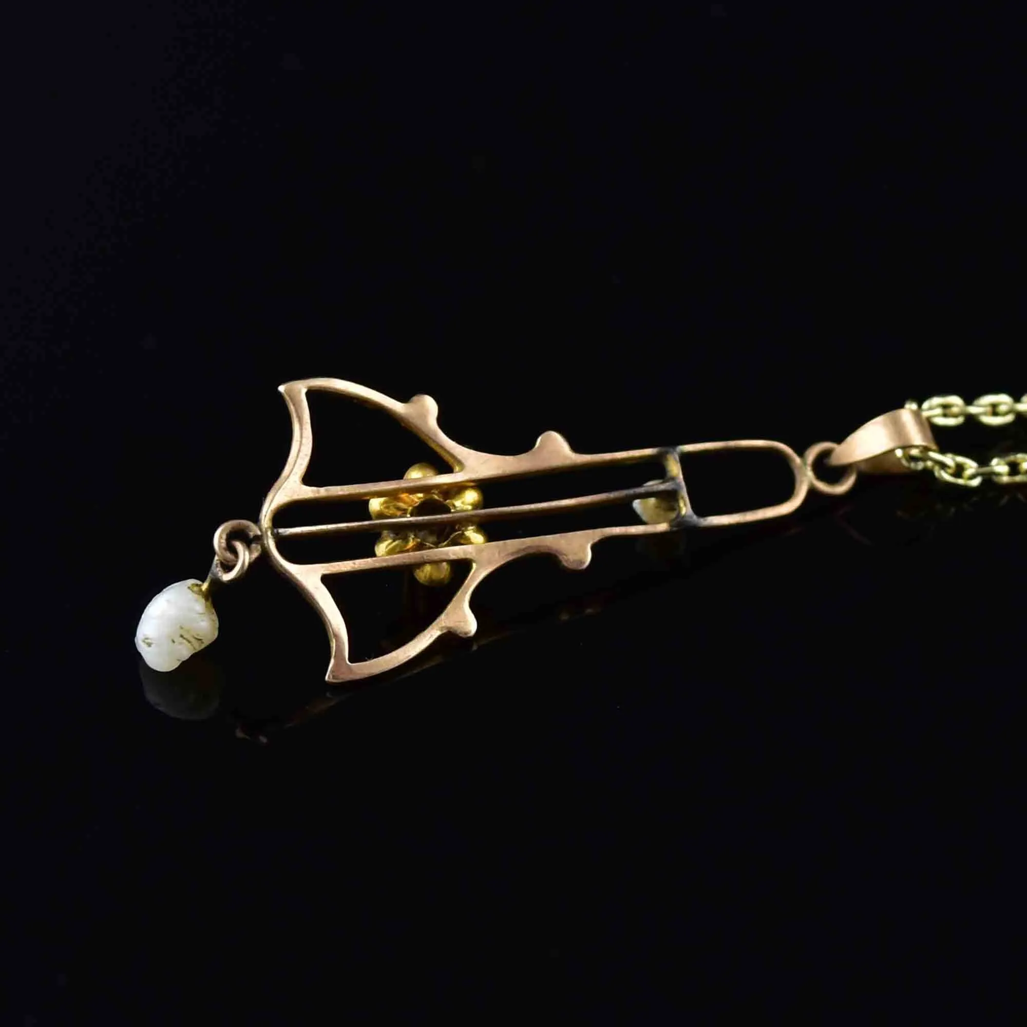 Antique Edwardian 10K Gold Diamond Pearl Lavaliere Necklace