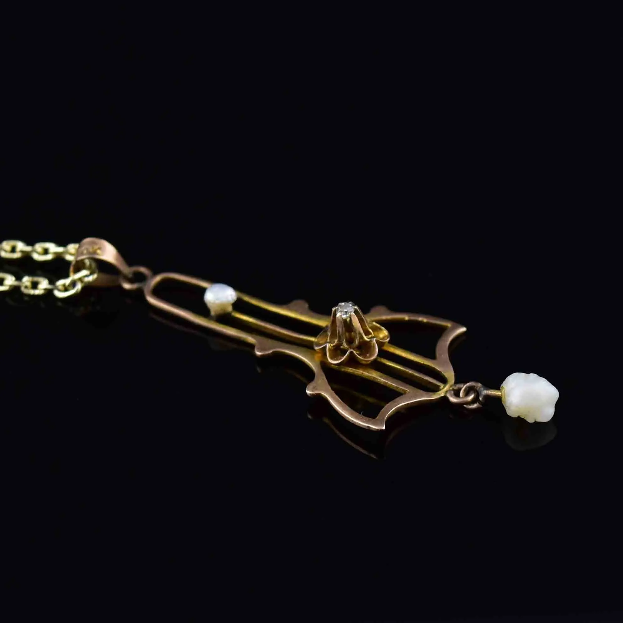 Antique Edwardian 10K Gold Diamond Pearl Lavaliere Necklace