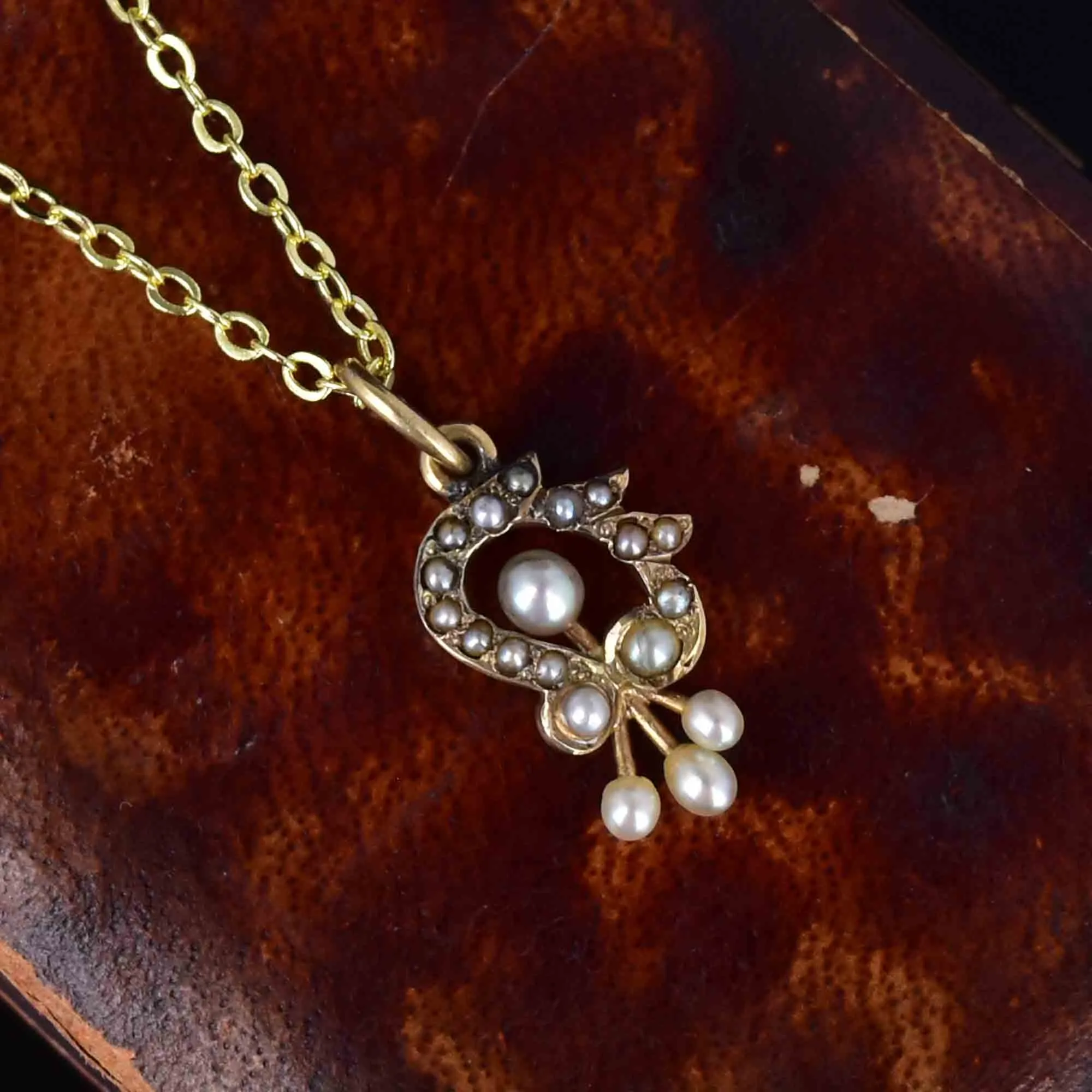 Antique Edwardian 14K Gold Floral Pearl Pendant Necklace