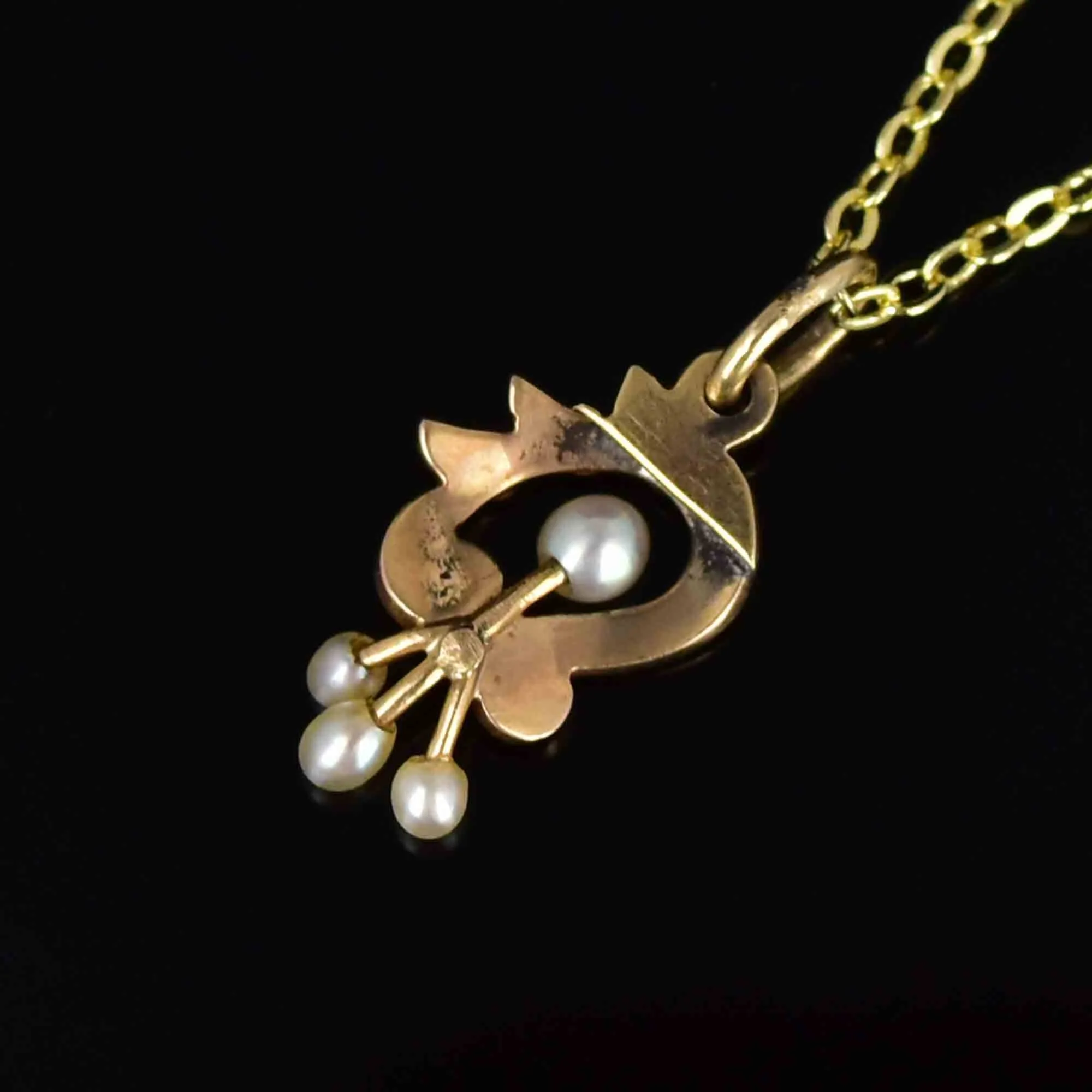 Antique Edwardian 14K Gold Floral Pearl Pendant Necklace