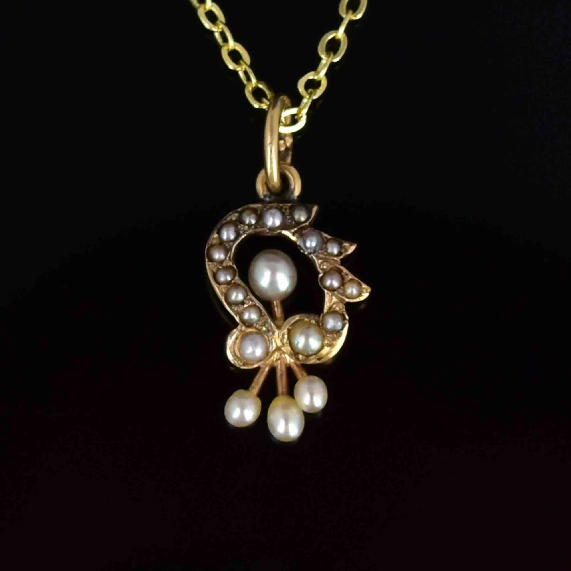 Antique Edwardian 14K Gold Floral Pearl Pendant Necklace