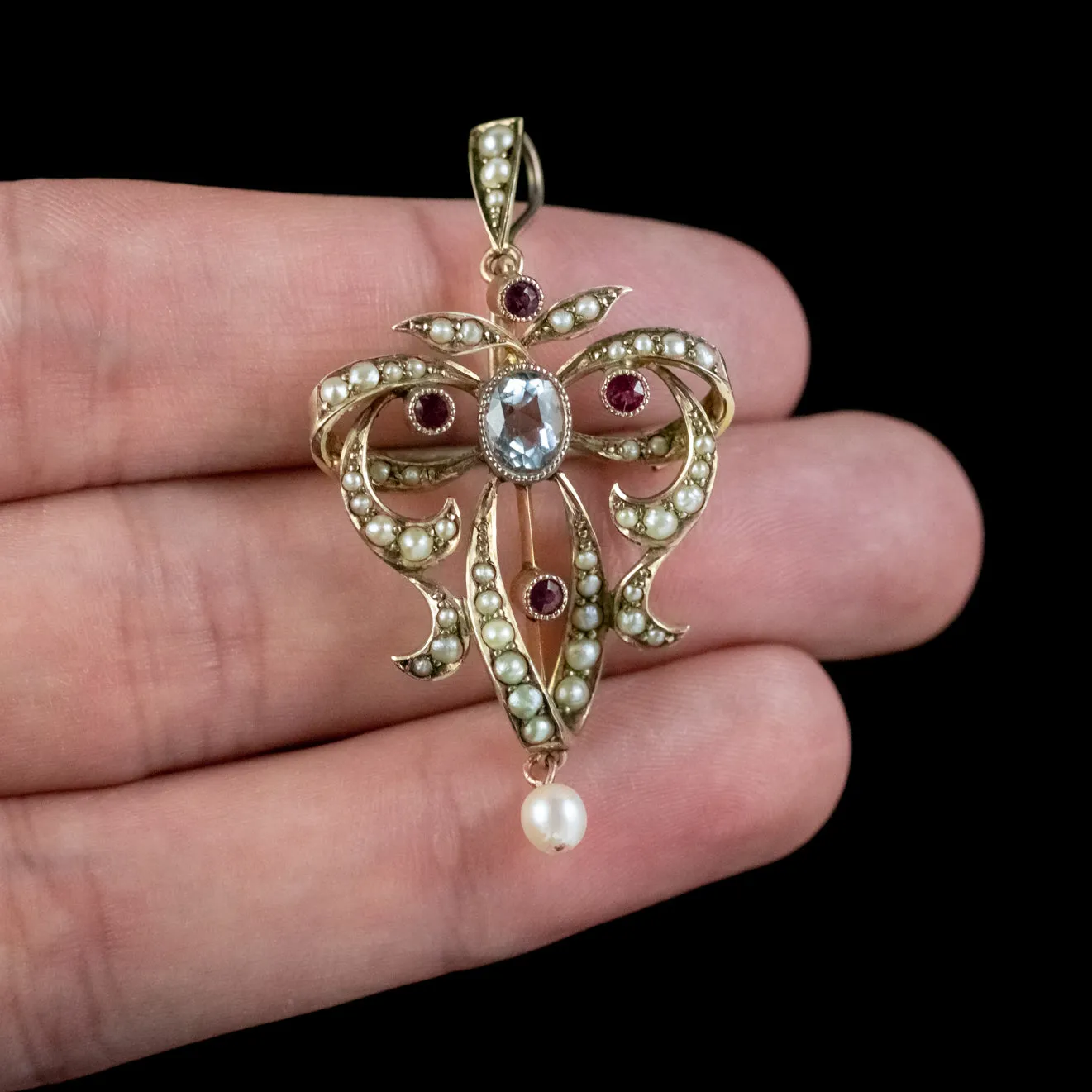 Antique Edwardian Aquamarine Pearl Ruby Pendant 9ct Gold Circa 1901