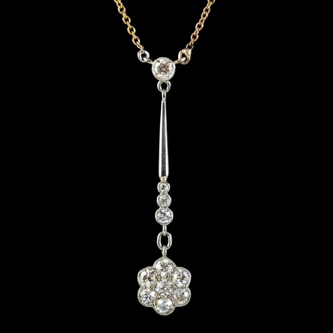 Antique Edwardian Diamond Flower Lavaliere Necklace 18ct Gold Circa 1905