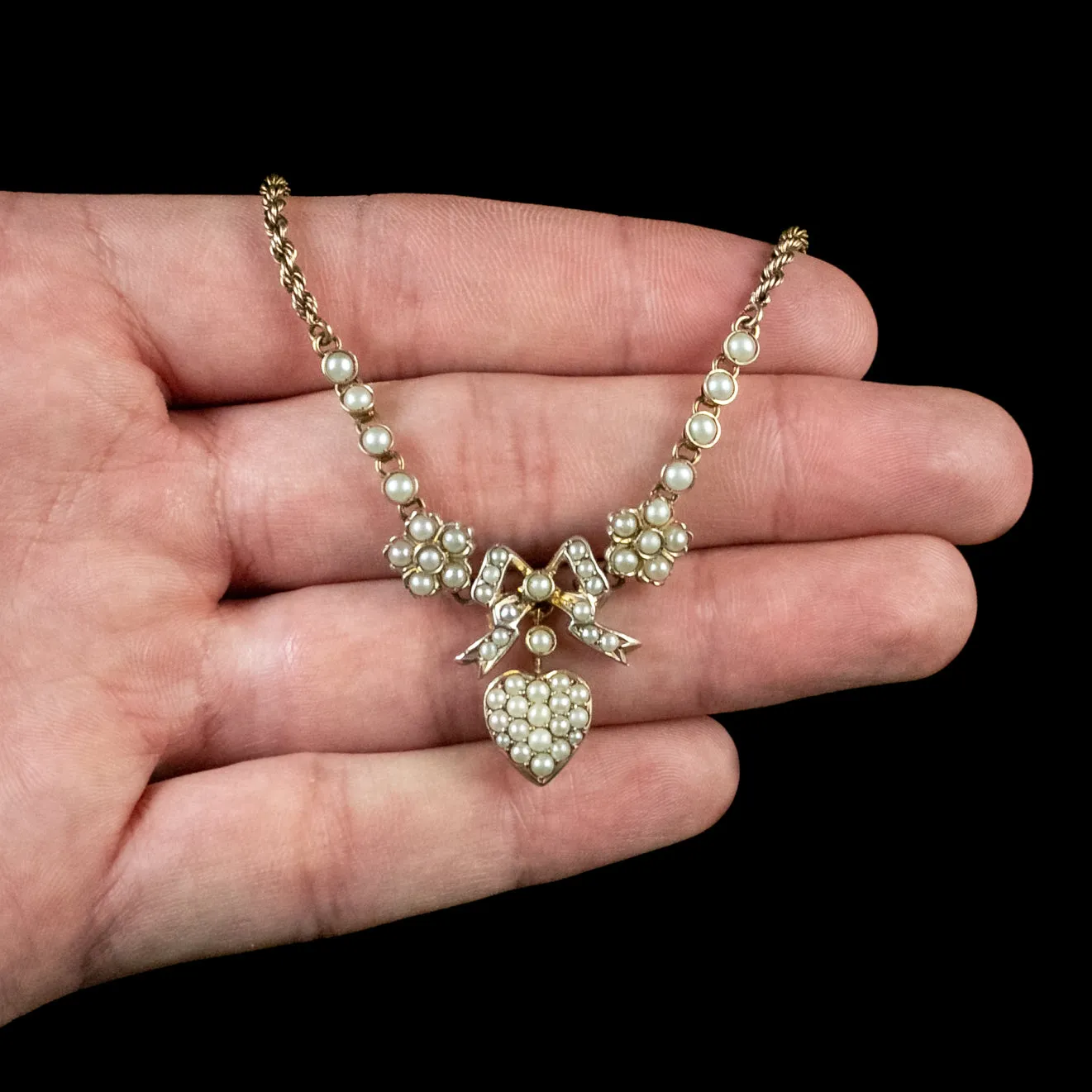 Antique Edwardian Pearl Heart Necklace Silver 15Ct Gold Circa 1910