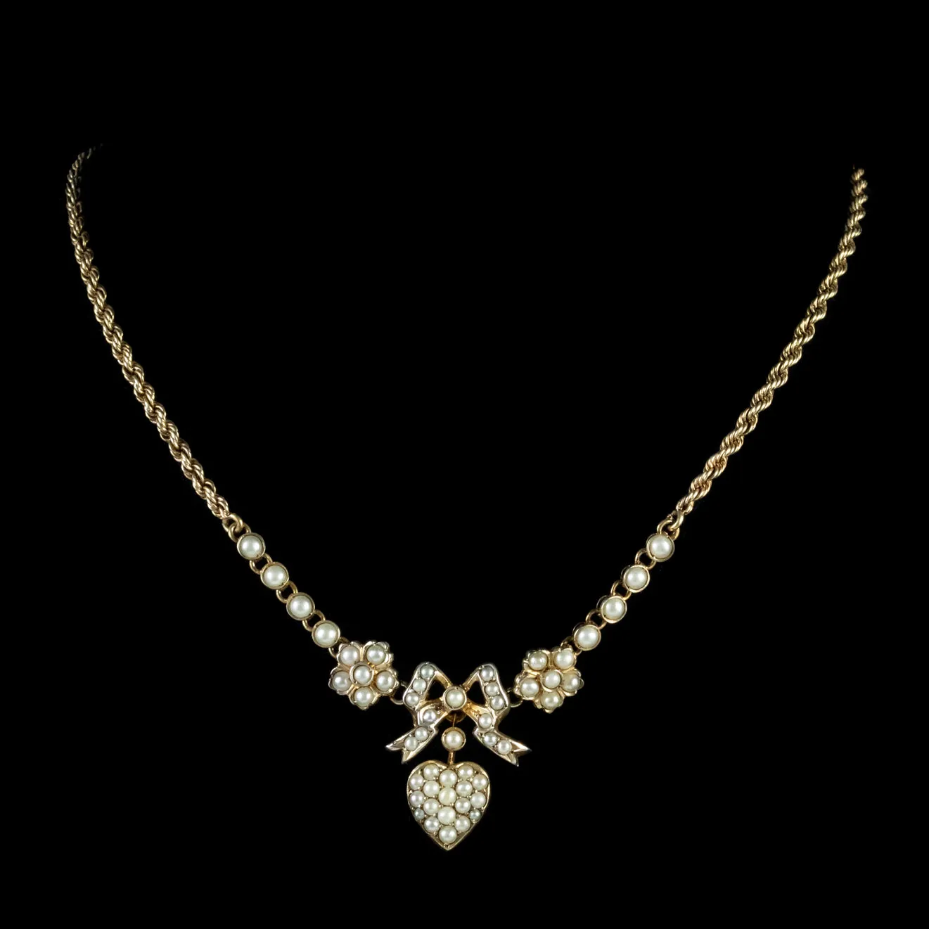 Antique Edwardian Pearl Heart Necklace Silver 15Ct Gold Circa 1910