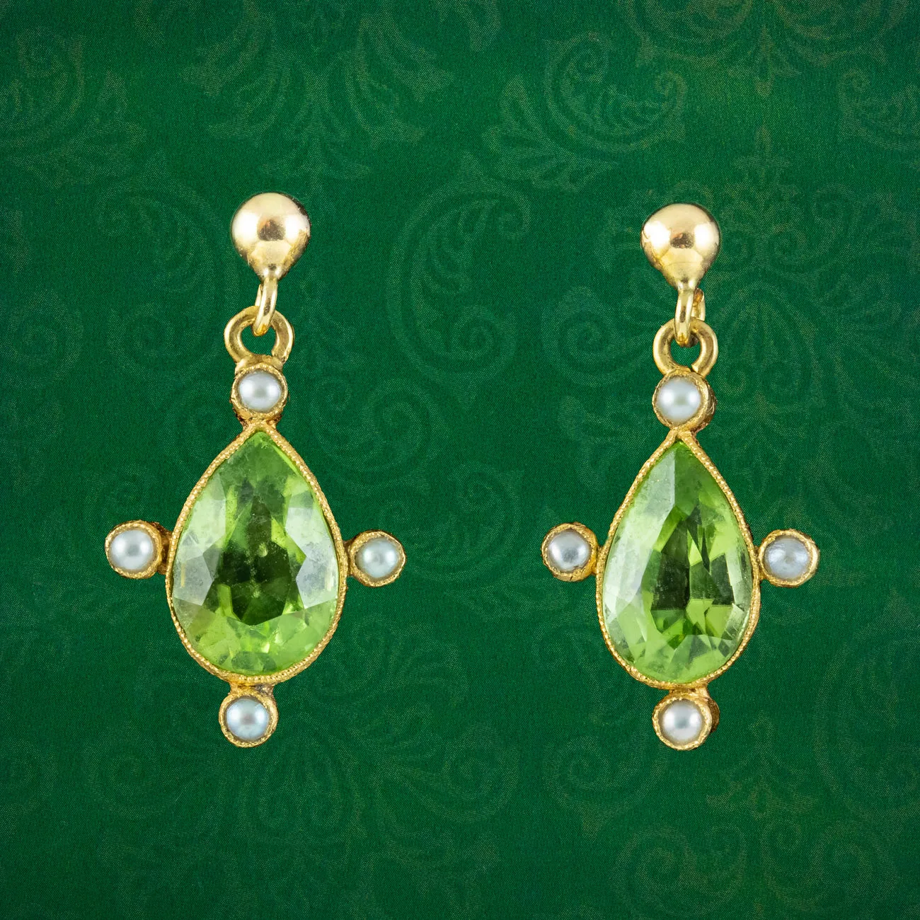 Antique Edwardian Peridot Pearl Drop Earrings 9ct Gold