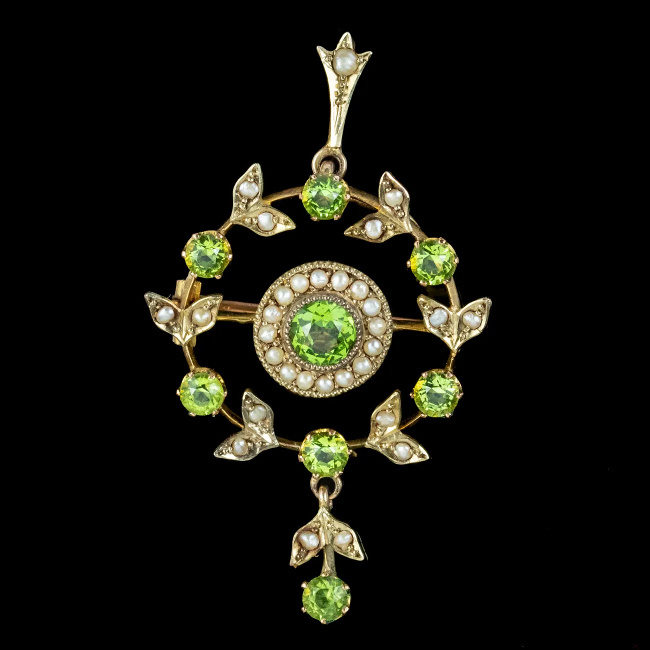 Antique Edwardian Peridot Pearl Pendant 9ct Gold