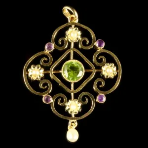 Antique Edwardian Suffragette 9Ct Gold Floral Pendant Circa 1910