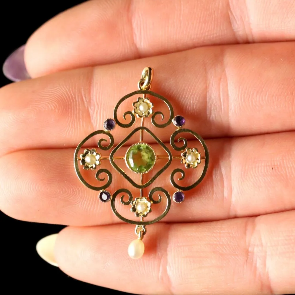 Antique Edwardian Suffragette 9Ct Gold Floral Pendant Circa 1910