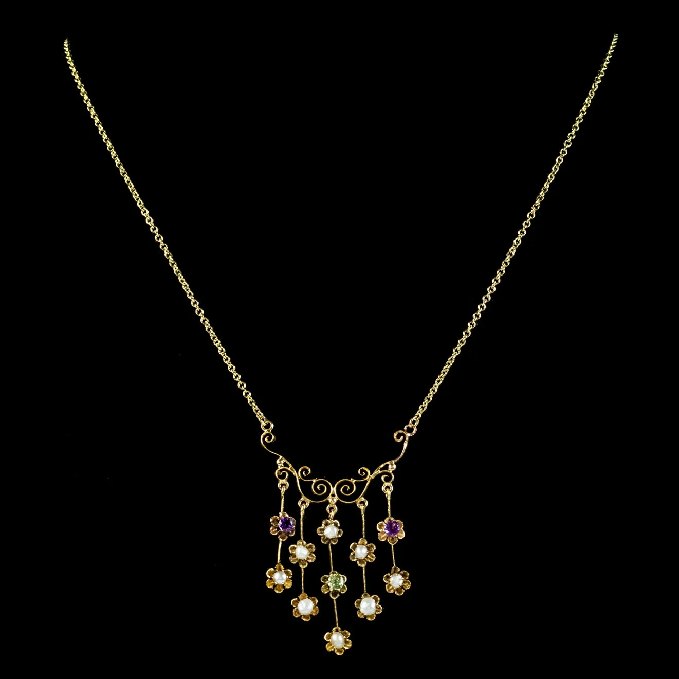 Antique Suffragette Floral Lavaliere Necklace 18Ct Gold Circa 1910