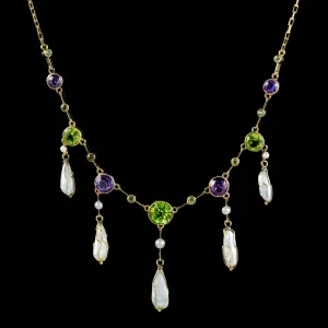 Antique Suffragette Necklace Baroque Pearls Amethyst Peridot 15Ct Gold Circa 1910