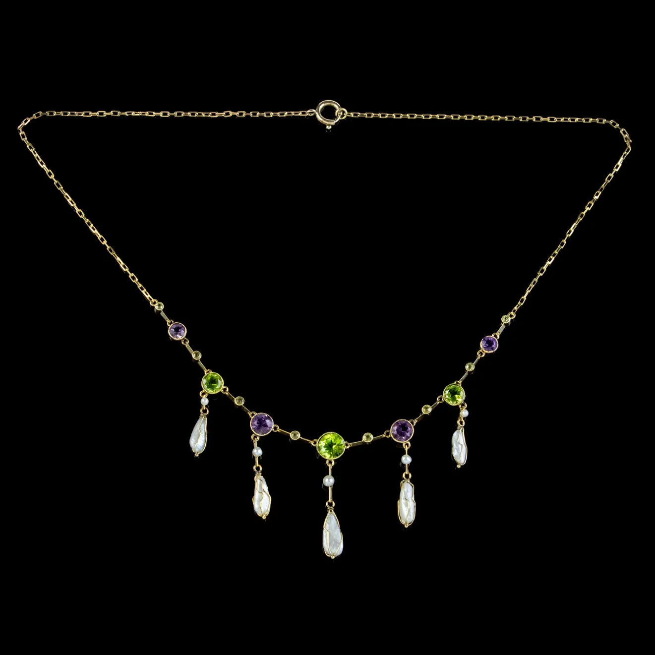 Antique Suffragette Necklace Baroque Pearls Amethyst Peridot 15Ct Gold Circa 1910