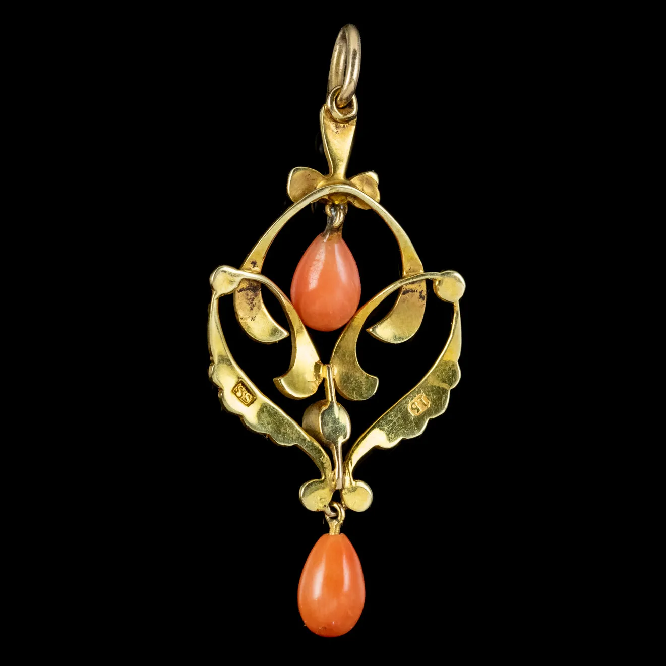 Antique Victorian Coral Pearl Pendant 15Ct Gold Circa 1900