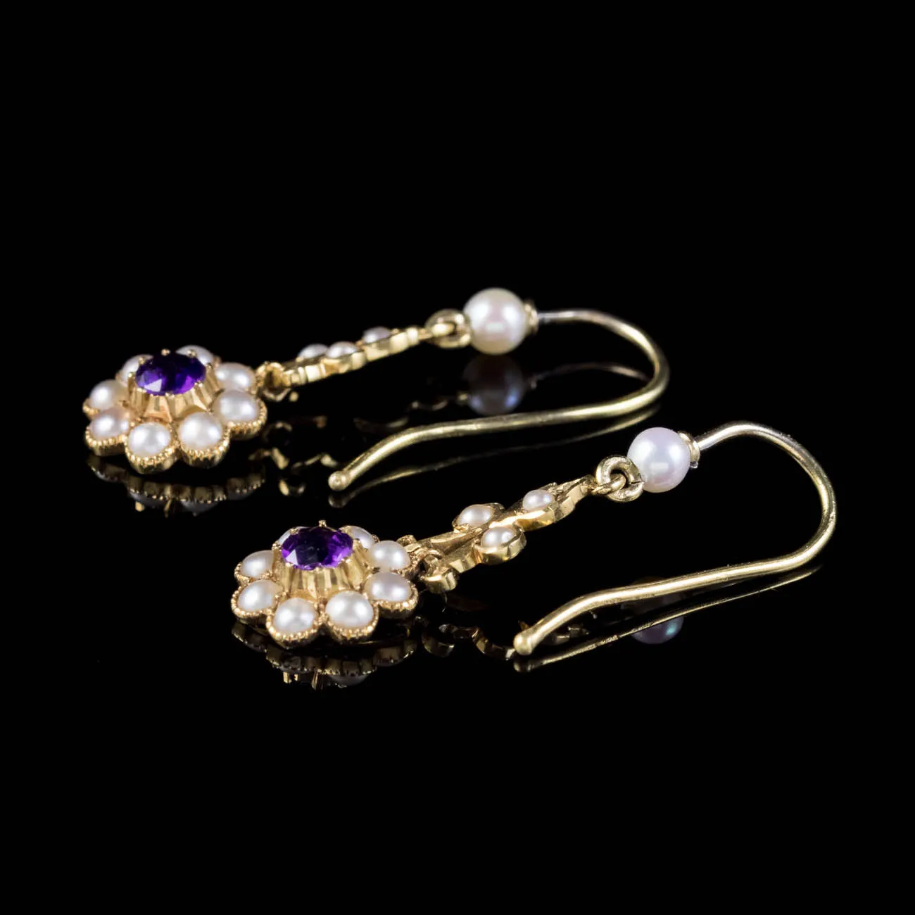 Antique Victorian Floral Amethyst Pearl Cluster Drop Earrings 18Ct Gold Circa 1900