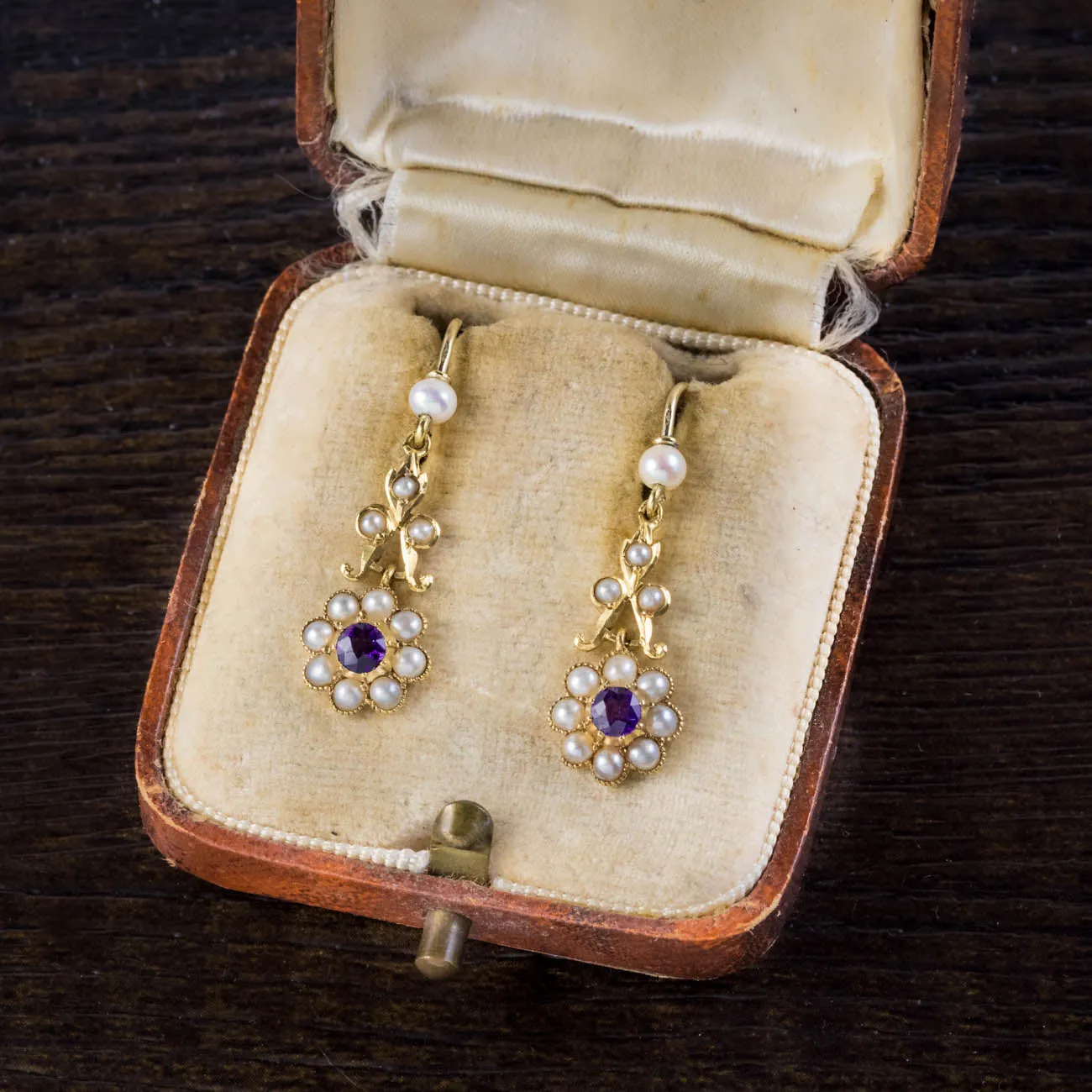 Antique Victorian Floral Amethyst Pearl Cluster Drop Earrings 18Ct Gold Circa 1900