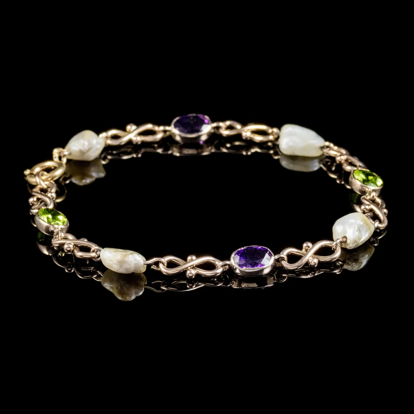 Antique Victorian Suffragette Bracelet Peridot Amethyst Baroque Pearl Circa 1900