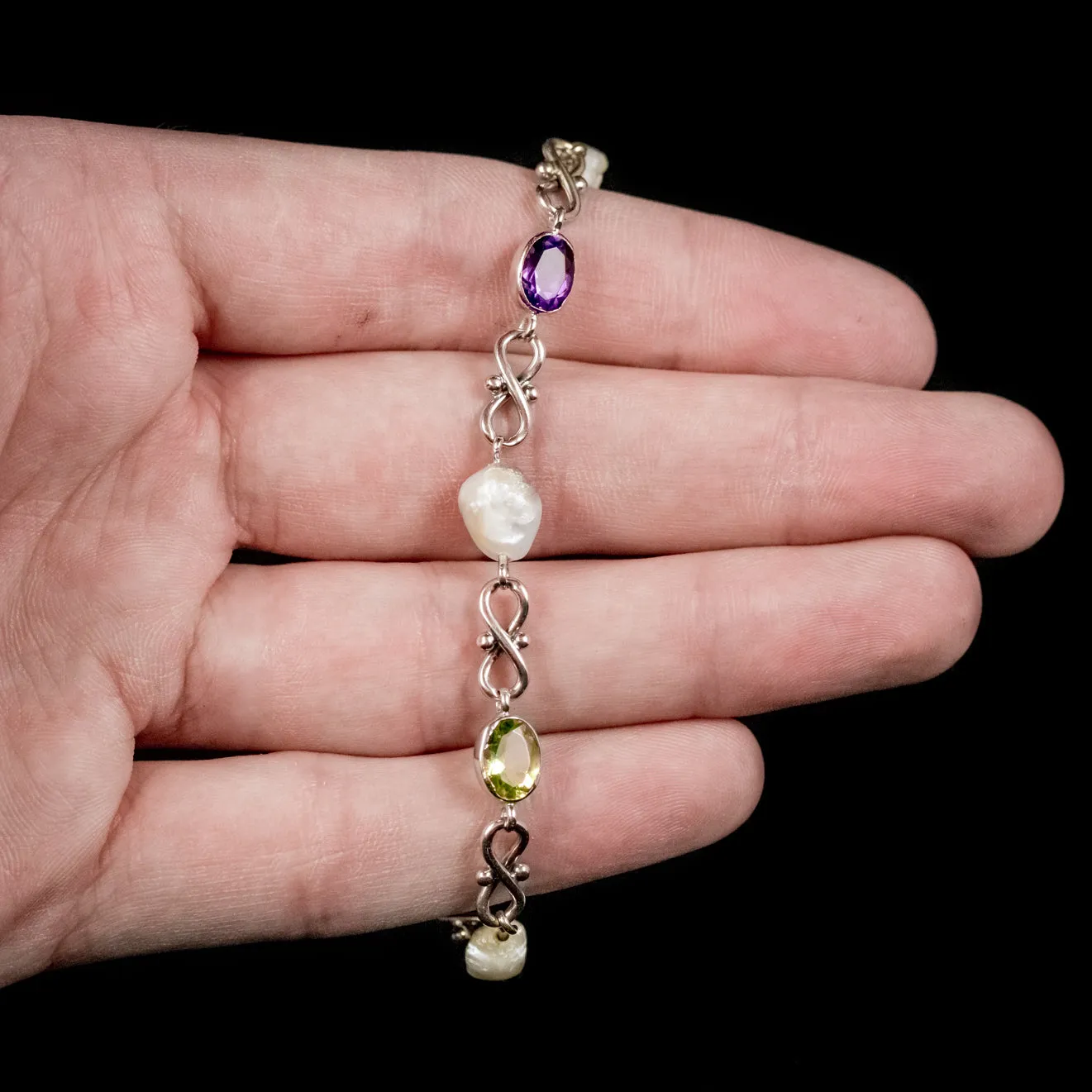 Antique Victorian Suffragette Bracelet Peridot Amethyst Baroque Pearl Circa 1900